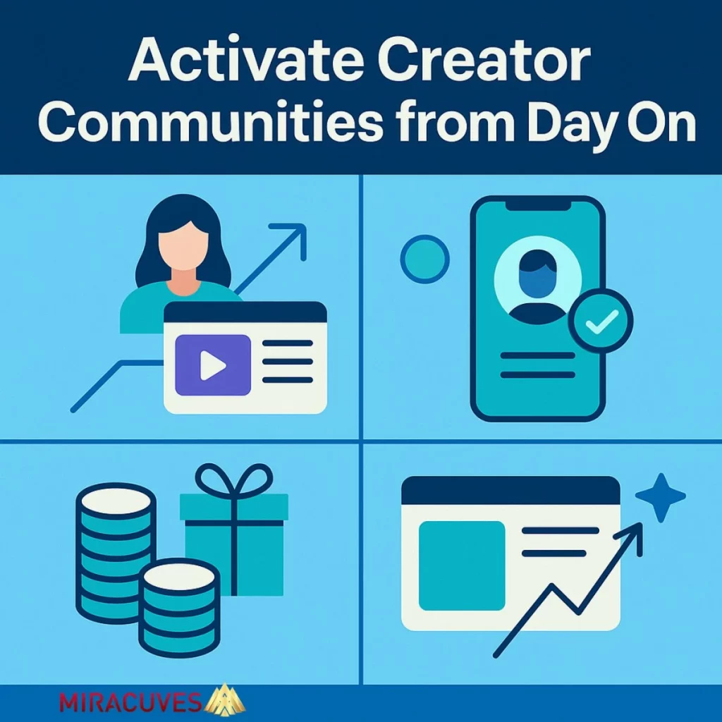 Four-square visual showing creator onboarding, verified badge, monetization rewards, and content spotlight strategies