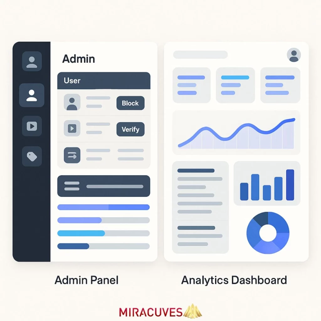 2D UI design showing admin panel and analytics dashboard for a short video app