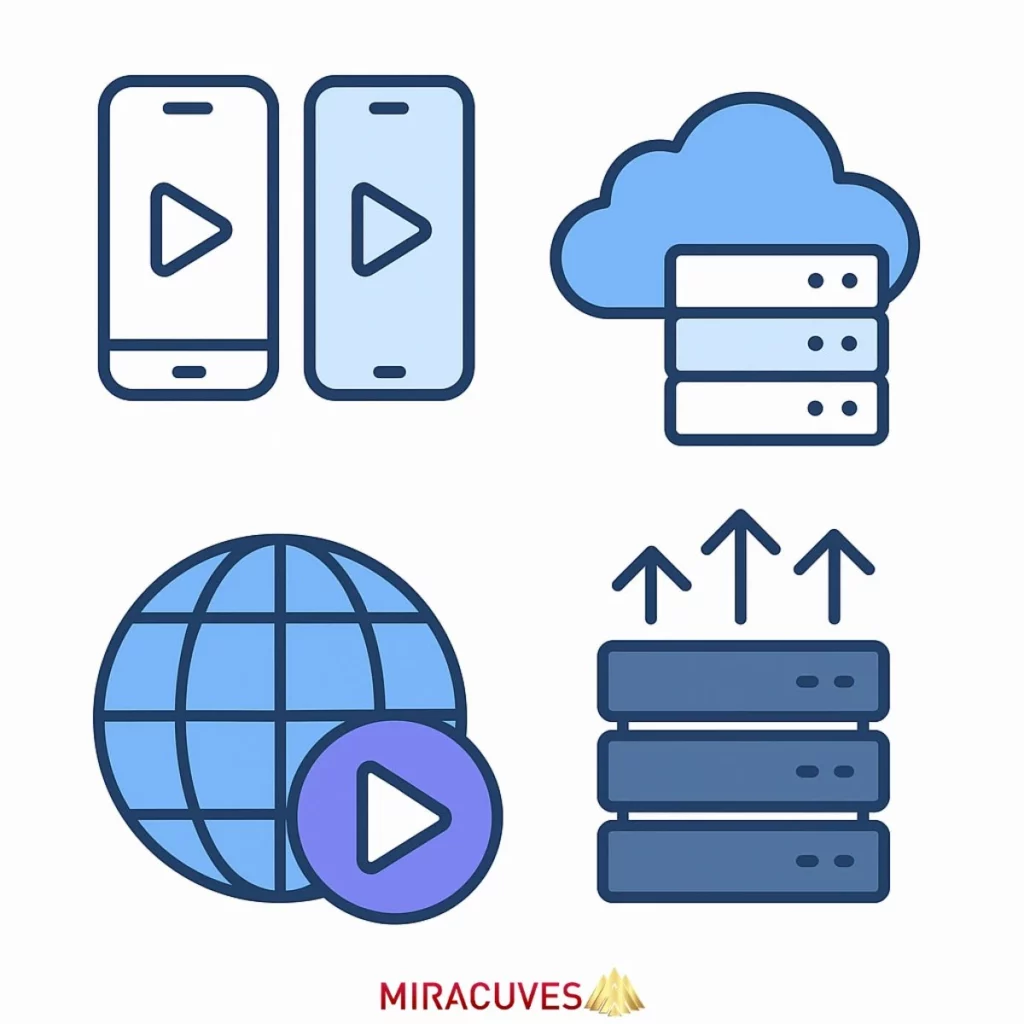 Icons representing cross-platform compatibility, cloud storage, CDN delivery, and scalable backend for app