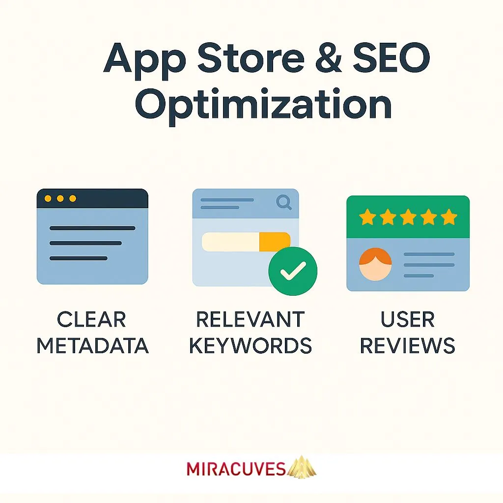 App store and SEO optimization tips for Netflix clone apps with icons for metadata, keywords, and reviews
