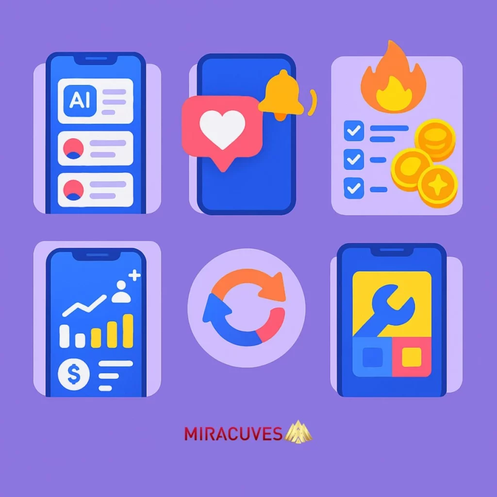 Infographic showing mobile app strategies like AI content, push alerts, rewards, analytics, updates