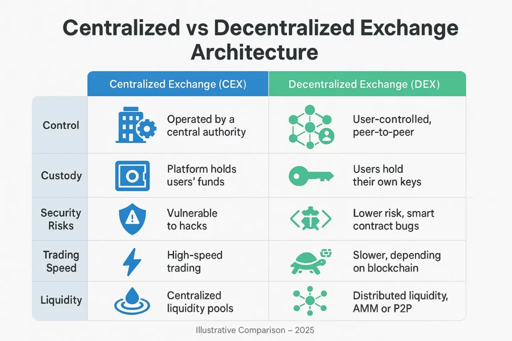 A comparison chart titled “Centralized vs Decentralized Exchange Architecture” illustrating five key differences between Centralized Exchanges (CEX) and Decentralized Exchanges (DEX). 