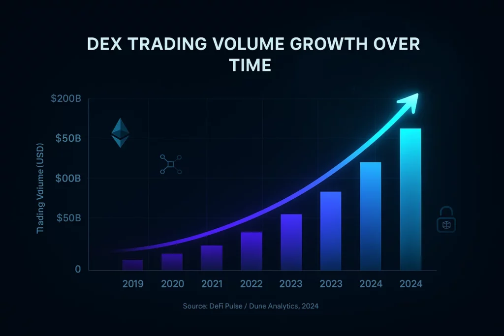 Illustration showing the architecture and components of a decentralized crypto exchange app, including elements like smart contracts, user wallets, blockchain nodes, trading interface, and liquidity pools. The design emphasizes peer-to-peer trading, security, and the trustless nature of DEX platforms.