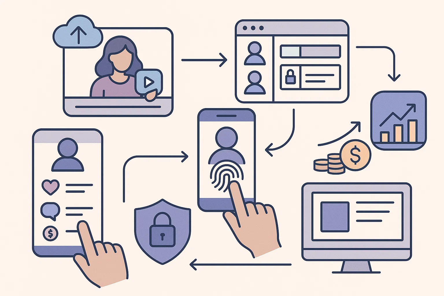 Illustration showing a content creator interacting with digital tools while users subscribe and engage via multiple devices—symbolizing features of a Fansly clone platform.