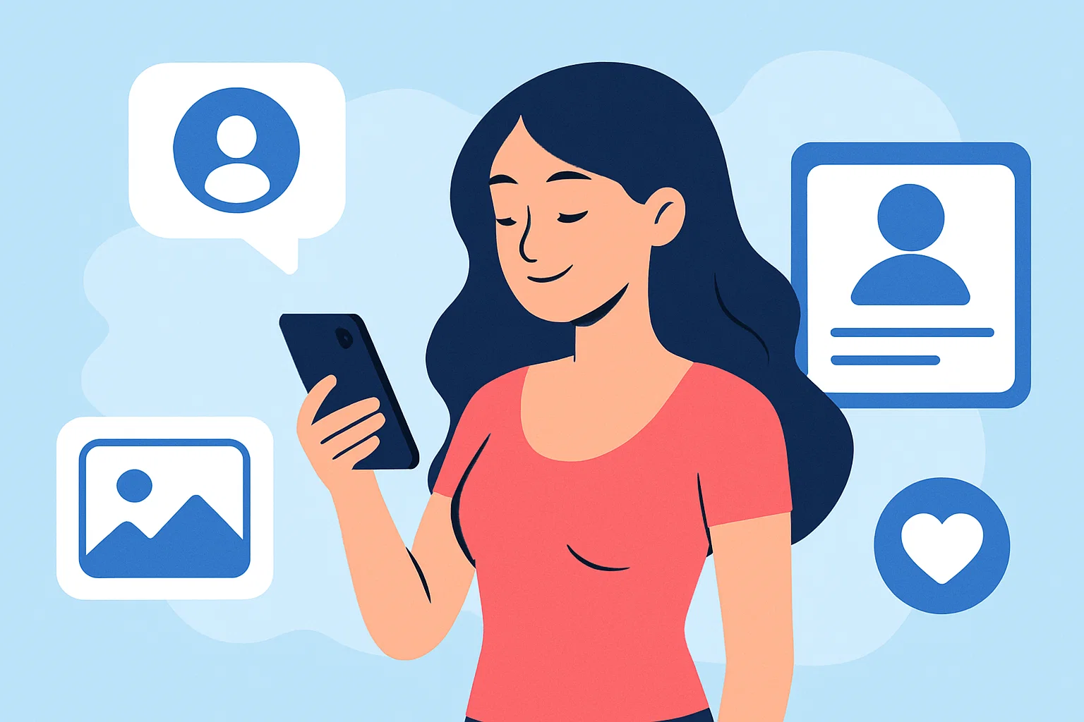 Illustration of a woman using a smartphone surrounded by icons representing profile, photo sharing, and likes—symbolizing social media interaction and content engagement.
