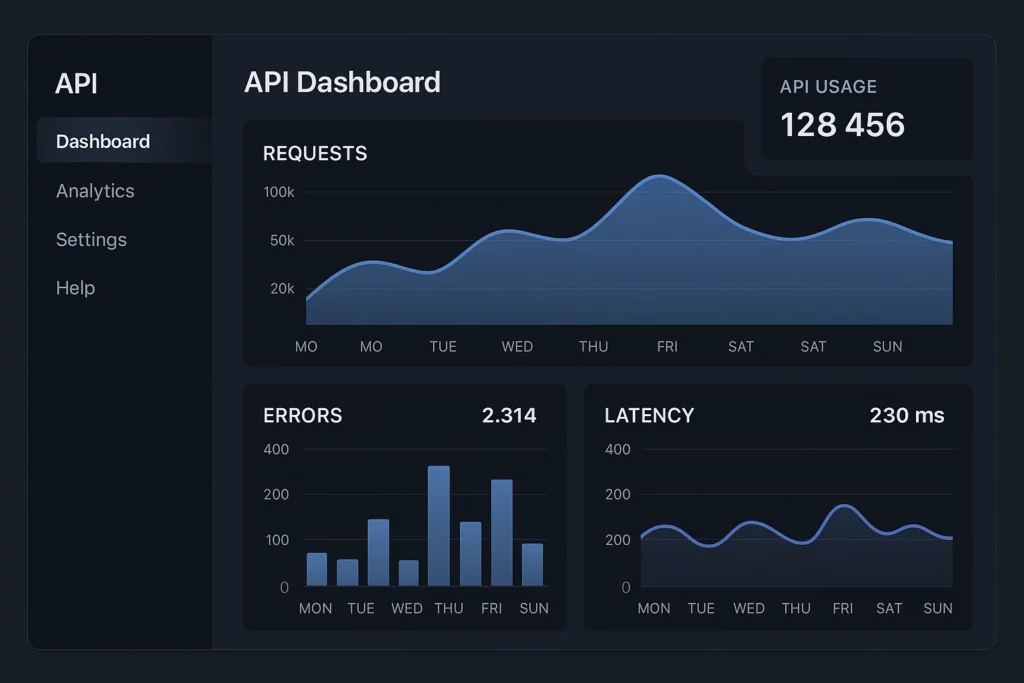 Dark-themed API dashboard interface showing chatbot usage analytics, including total API usage of 128,456, request volume trends, error counts, and latency metrics across the week.









