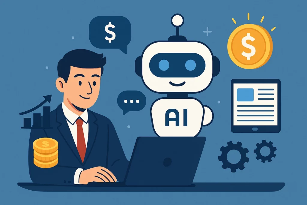 Cartoon-style image of a businessman sitting at a laptop next to a smiling AI chatbot, surrounded by icons of coins, dollar signs, charts, and gears, symbolizing monetization and automation.