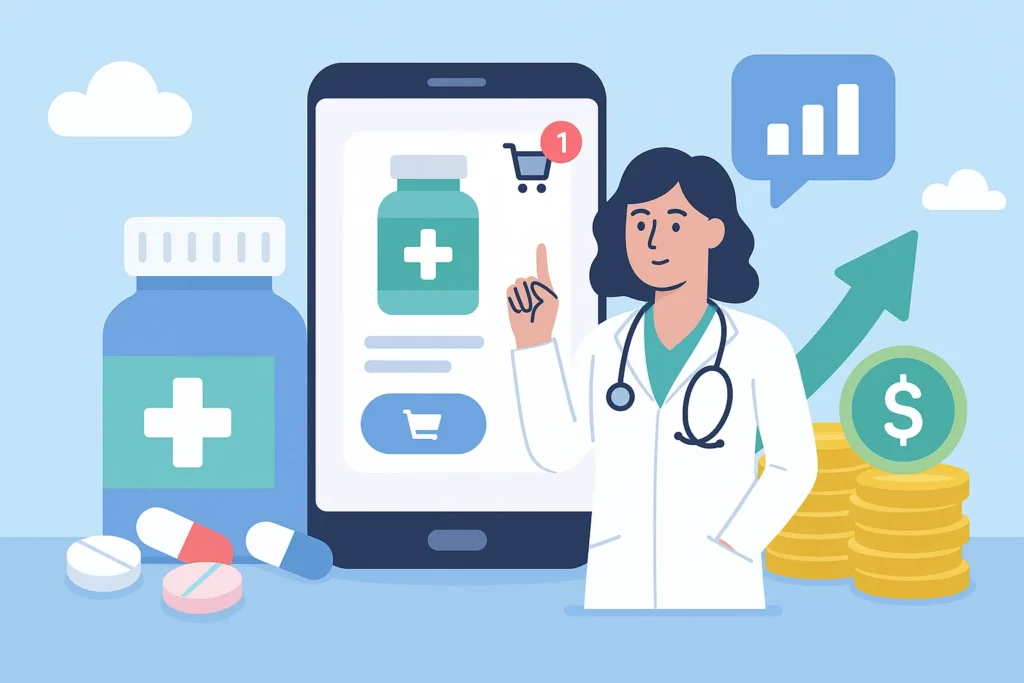 Cartoon-style illustration showing a female doctor pointing at a large smartphone screen displaying a medicine order page. Surrounded by pill bottles, tablets, a shopping cart icon, coin stacks, and an upward growth chart symbolizing monetization and digital healthcare success.