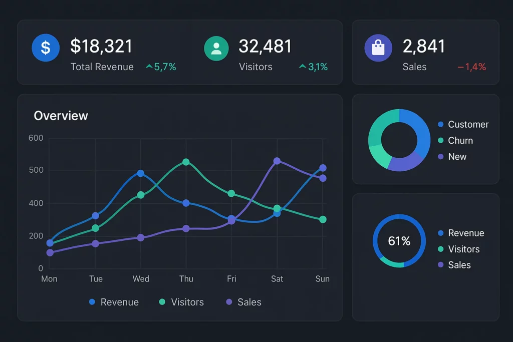 Dark-themed analytics dashboard showing total revenue, visitors, sales, and visual breakdowns with line and donut charts for performance metrics.
