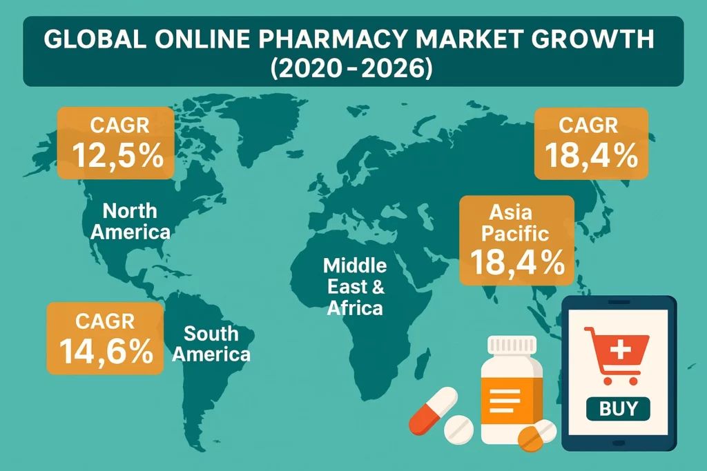 World map showing CAGR growth rates of online pharmacy markets from 2020–2026, highlighting Asia Pacific (18.4%), South America (14.6%), and North America (12.5%).