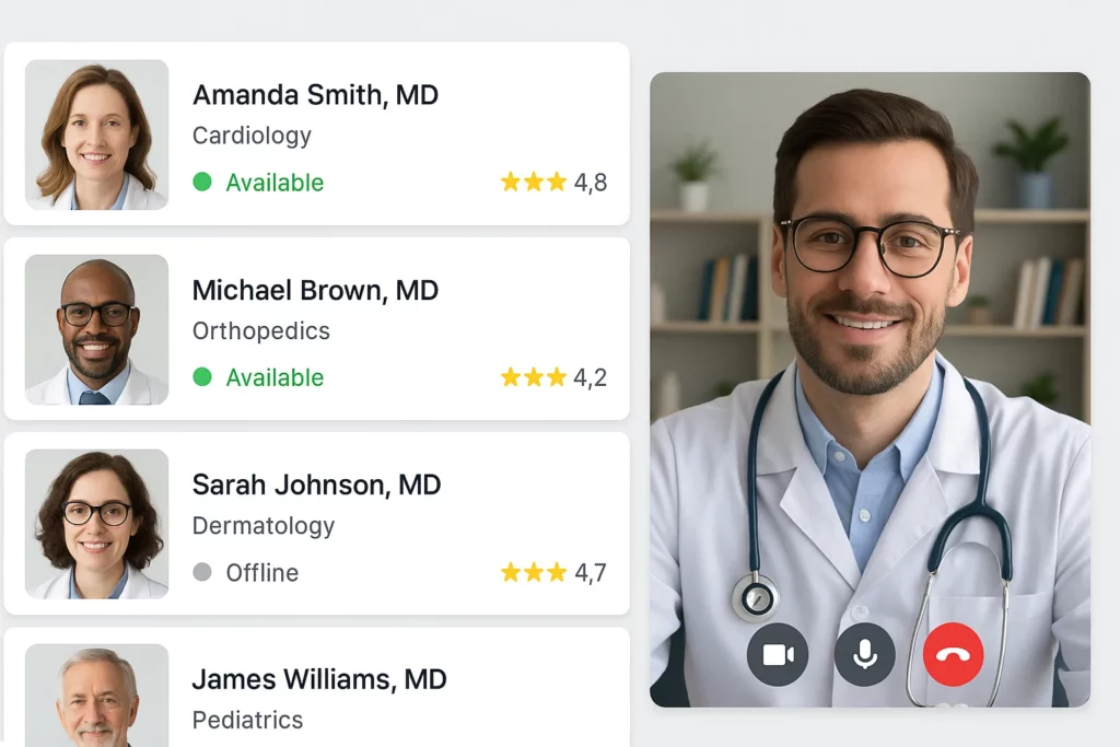 Online telemedicine app interface showing a list of doctors by specialty with availability status and ratings, alongside a live video consultation screen with a male doctor.