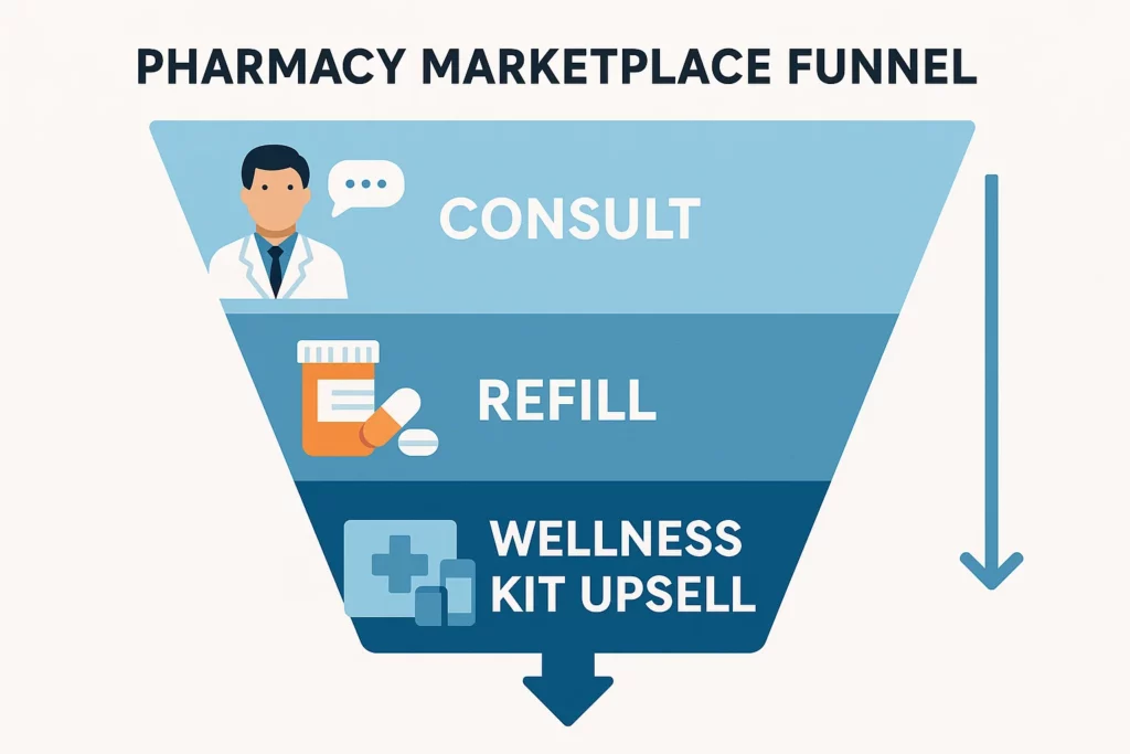 "Illustrated funnel diagram showing the pharmacy marketplace customer journey: starting with doctor consultation, followed by prescription refill, and ending with wellness kit upsell. Visual represents monetization flow in online pharmacy platforms."
