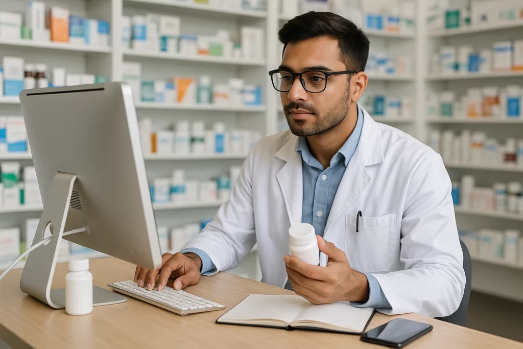 Pharmacist in lab coat managing medication orders online using a desktop computer in a pharmacy, representing digital health, online prescription services, and pharmacy marketplace operations.