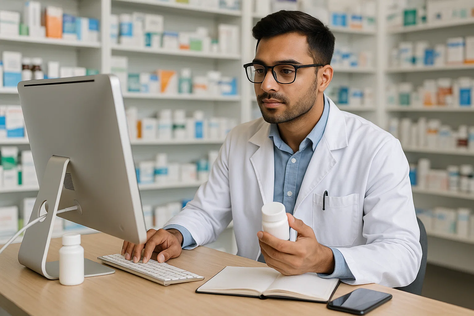 Pharmacist in lab coat managing medication orders online using a desktop computer in a pharmacy, representing digital health, online prescription services, and pharmacy marketplace operations.