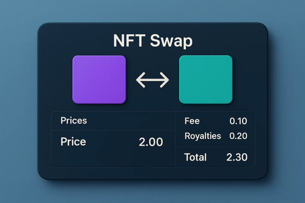 "Interface mockup of an NFT swap transaction showing two colored NFT placeholders with bidirectional arrows. Below, the pricing details list the base price as 2.00, a swap fee of 0.10, royalties of 0.20, and a total cost of 2.30."