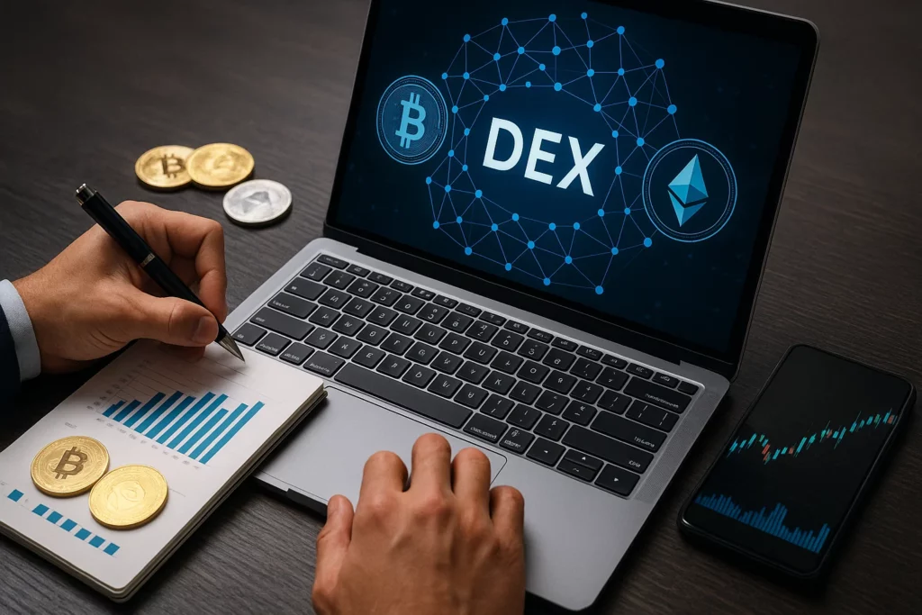 Person working on a decentralized exchange (DEX) interface shown on a laptop screen, with Bitcoin and Ethereum logos connected by blockchain nodes. Nearby are gold crypto coins, a market chart notebook, and a smartphone displaying a candlestick graph.