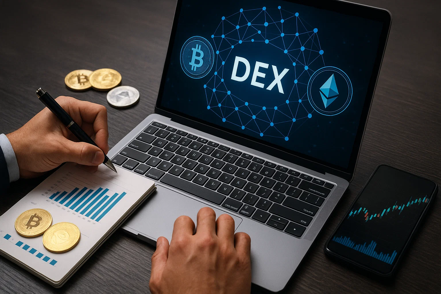 Person working on a decentralized exchange (DEX) interface shown on a laptop screen, with Bitcoin and Ethereum logos connected by blockchain nodes. Nearby are gold crypto coins, a market chart notebook, and a smartphone displaying a candlestick graph.