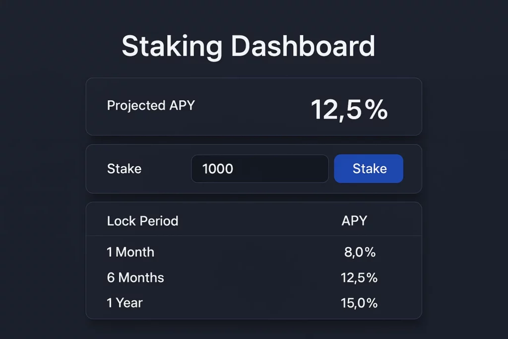"Crypto staking dashboard interface displaying a projected annual percentage yield (APY) of 12.5%. The user has entered a stake of 1000 units, with options for different lock periods: 1 month at 8.0%, 6 months at 12.5%, and 1 year at 15.0% APY. Includes a blue 'Stake' button for transaction execution."