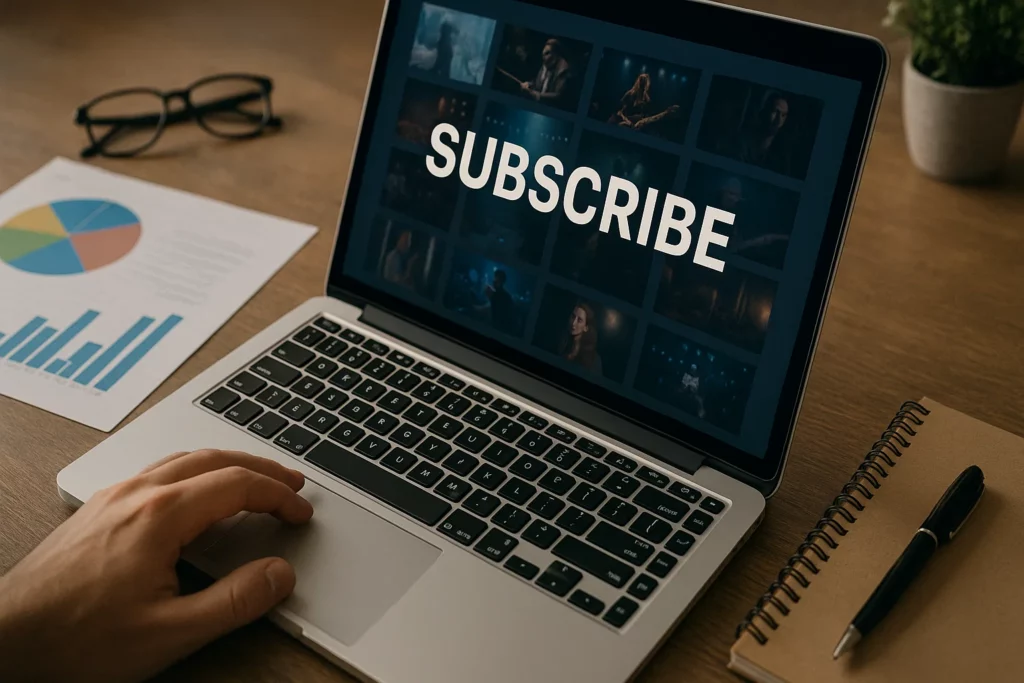 A laptop screen displaying the word "SUBSCRIBE" over a grid of video thumbnails, with a hand on the touchpad. A pie chart, bar graph, notebook, and pen sit on the wooden desk nearby.