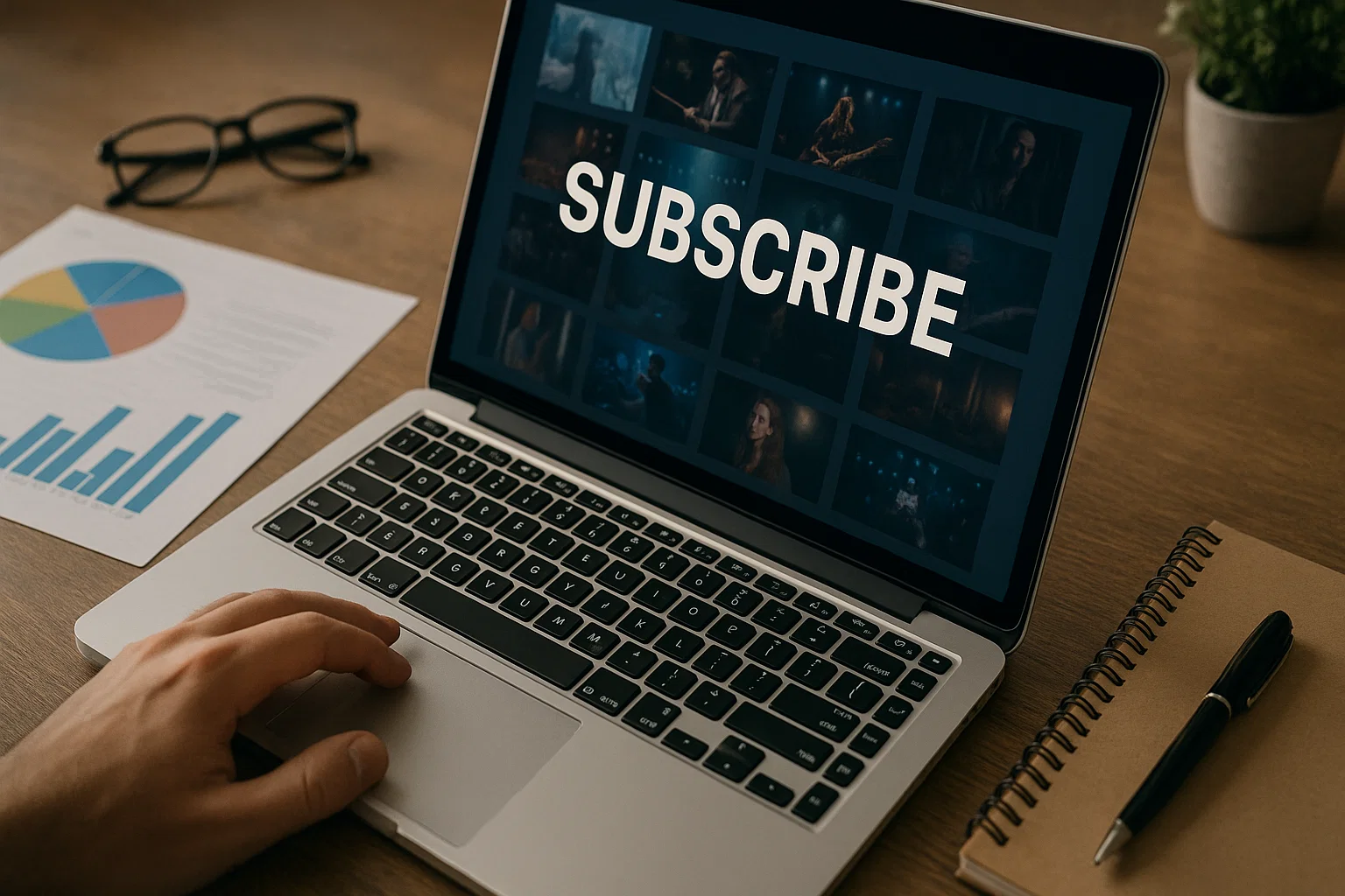 A laptop screen displaying the word "SUBSCRIBE" over a grid of video thumbnails, with a hand on the touchpad. A pie chart, bar graph, notebook, and pen sit on the wooden desk nearby.
