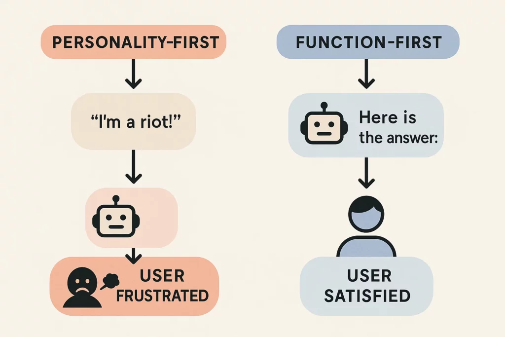 A visual comparison of two chatbot approaches. On the left, "Personality-First" is shown as a flowchart: a chatbot says “I’m a riot!” leading to a user icon with a frowning face labeled “USER FRUSTRATED.” On the right, "Function-First" shows a chatbot saying “Here is the answer,” leading to a smiling user icon labeled “USER SATISFIED.” The graphic emphasizes that prioritizing functionality over humor leads to better user satisfaction.