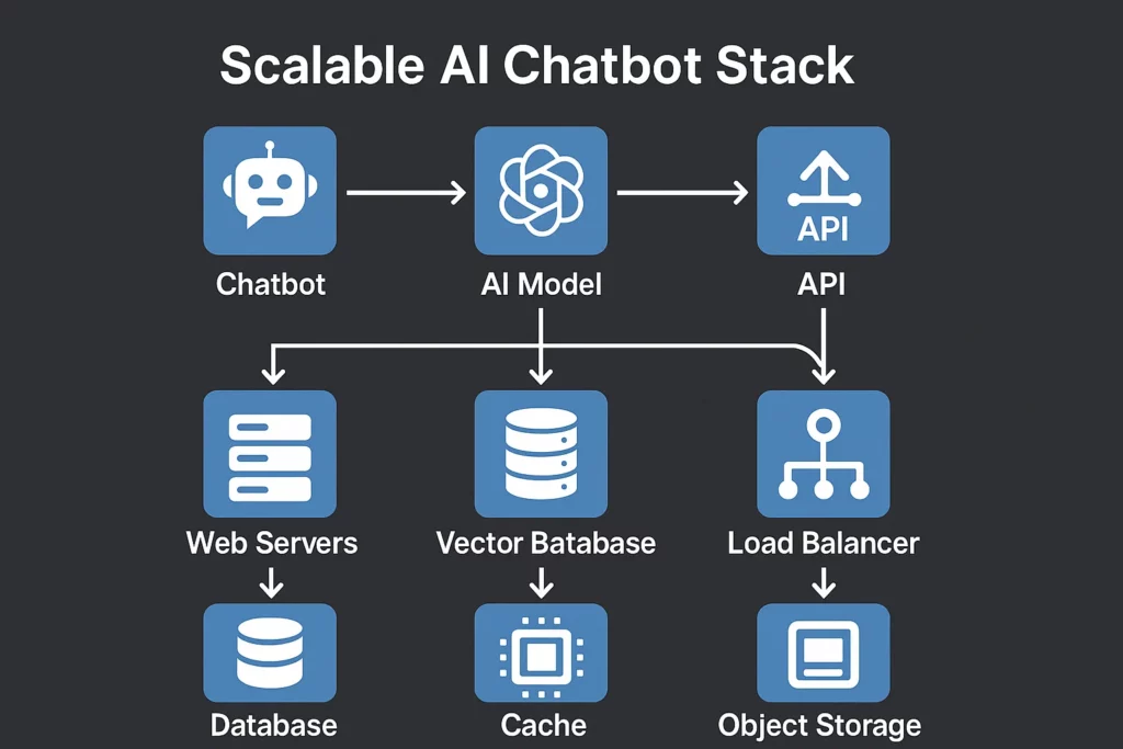 Diagram of a “Scalable AI Chatbot Stack” showing a chatbot connected to an AI model and API, branching into web servers (with database), vector database (with cache), and load balancer (with object storage). Note: “Vector Batabase” contains a typo — should be “Vector Database”.