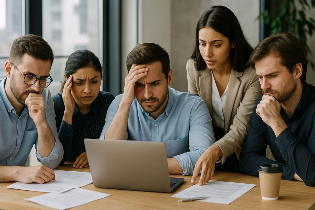 A group of five professionals looking stressed and confused while reviewing documents and a laptop screen during a meeting.