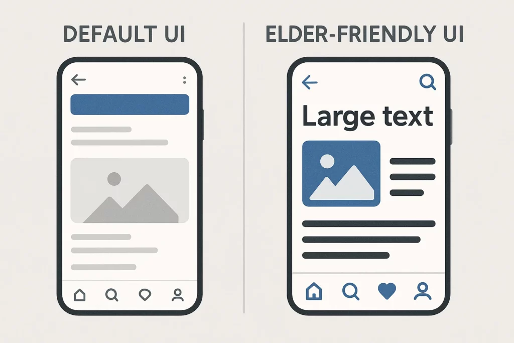 Side-by-side comparison of default mobile UI and elder-friendly UI, highlighting differences such as larger text, simplified layout, and clearer icons for accessibility.