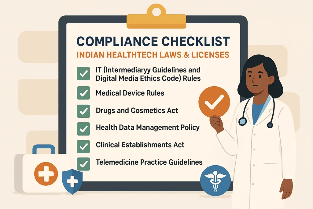 Illustration of a female doctor standing beside a clipboard displaying a compliance checklist for Indian healthtech laws and licenses, including IT Rules, Medical Device Rules, Drugs and Cosmetics Act, Health Data Management Policy, Clinical Establishments Act, and Telemedicine Guidelines, with checkmarks next to each item.