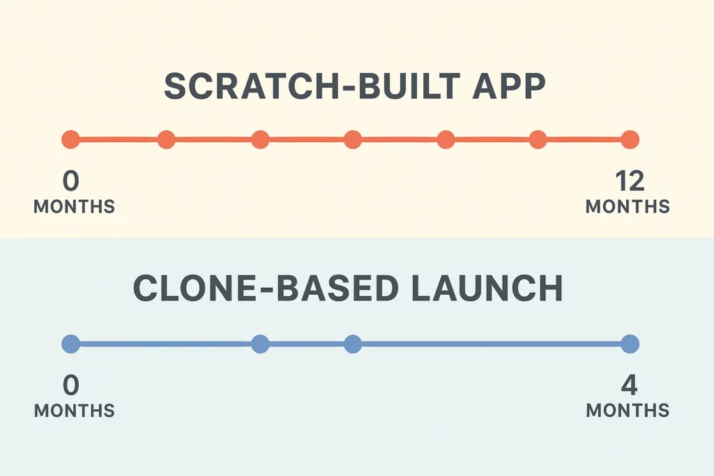 A comparison timeline graphic showing that a scratch-built app takes approximately 12 months to develop, while a clone-based launch can be completed in just 4 months, illustrated with red and blue horizontal progress lines respectively.