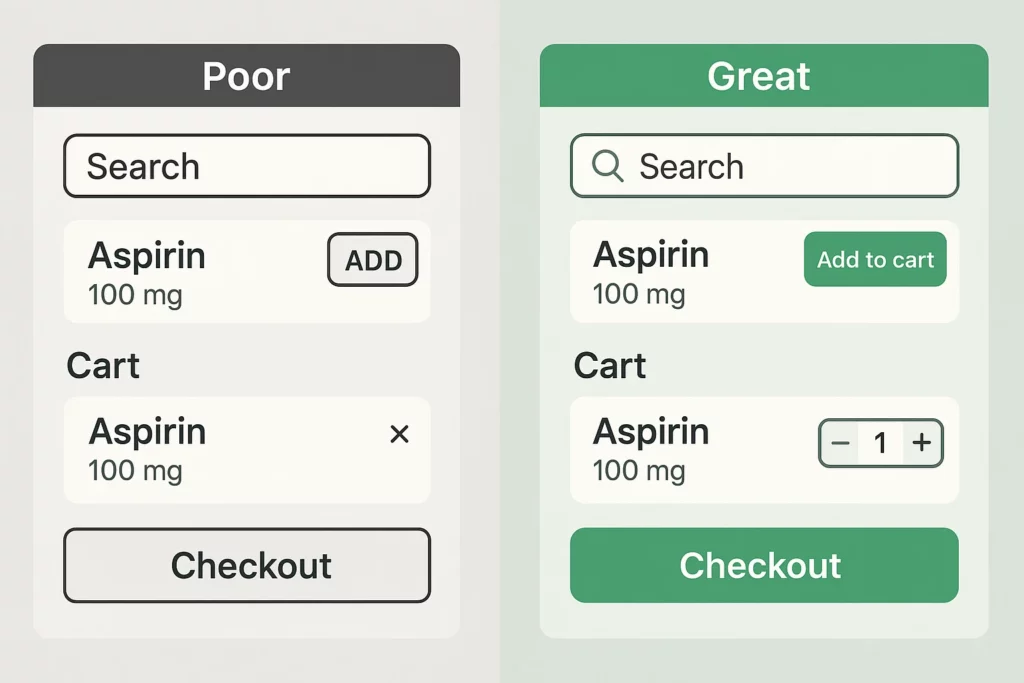 Side-by-side comparison of a poor vs. great pharmacy app UI. The poor design features a basic search bar, generic “ADD” button, and no quantity control. The great design includes an intuitive search icon, a clear “Add to cart” button, quantity selector, and a visually appealing checkout button.