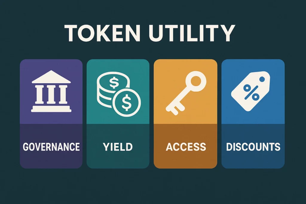 Visual representation of four core token utility categories in a DeFi ecosystem: Governance (icon of a government building), Yield (icon of stacked coins), Access (icon of a key), and Discounts (icon of a percentage tag), each shown in a colored vertical panel.