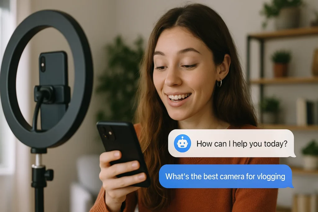 Smiling woman using a smartphone in front of a ring light, engaging with an AI chatbot on-screen. Chatbot message says, “How can I help you today?” and user replies, “What’s the best camera for vlogging?”—illustrating real-time chatbot interaction for content creators.
