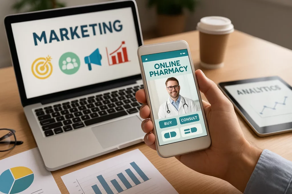 A person holding a smartphone displaying an online pharmacy app interface with options to buy or consult, in front of a laptop showing marketing graphics and a tablet with analytics data on a desk with charts.