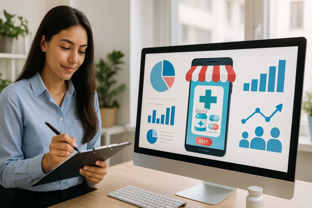 Woman planning pharmacy marketplace marketing strategy while viewing mobile pharmacy app analytics and user engagement charts on a desktop screen.