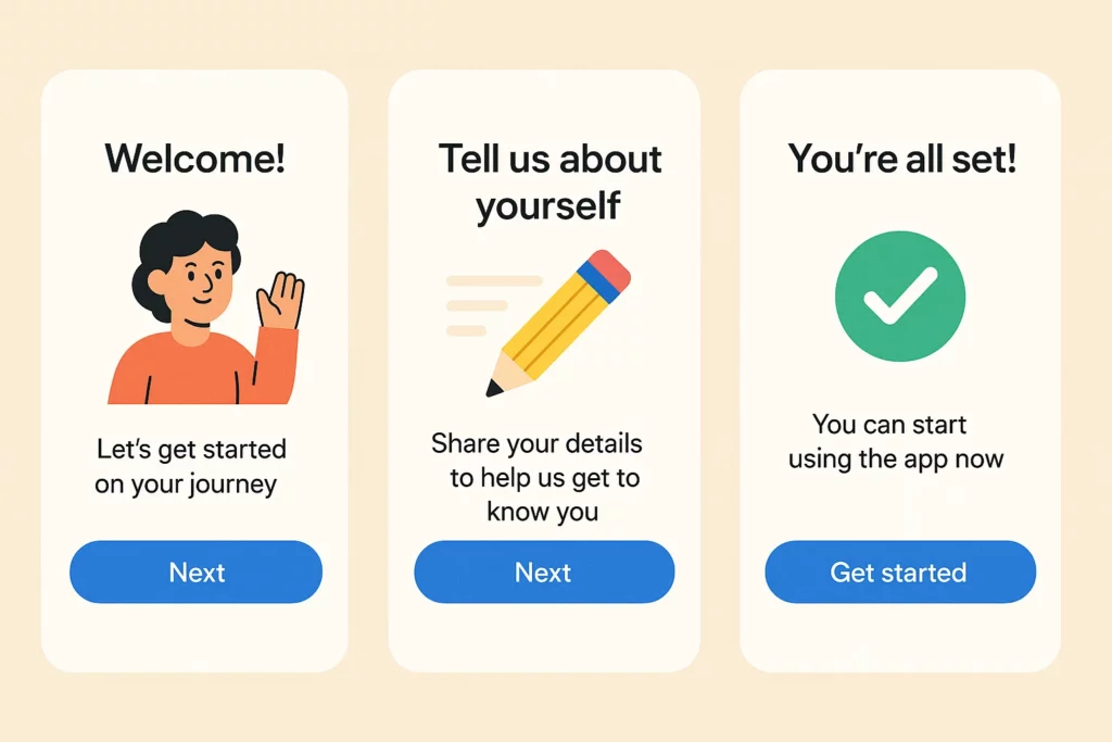 "Three mobile onboarding screens: the first shows a waving person with the text 'Welcome! Let’s get started on your journey', the second displays a pencil icon with the text 'Tell us about yourself', and the third features a green checkmark with the message 'You’re all set! You can start using the app now'. Each screen includes a blue button labeled 'Next' or 'Get started'."