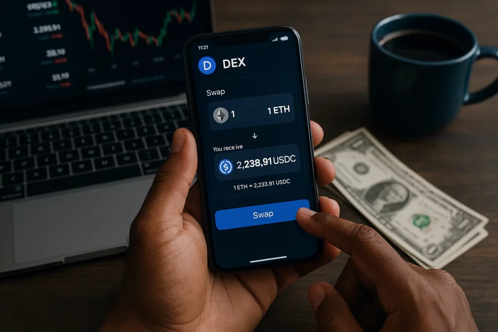 Person using decentralized exchange (DEX) crypto trading app on smartphone to swap Ethereum for USDC
