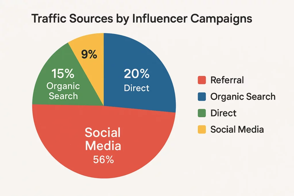 Pie chart titled "Traffic Sources by Influencer Campaigns" showing that 56% of traffic comes from social media, 20% from direct, 15% from organic search, and 9% from referral sources.