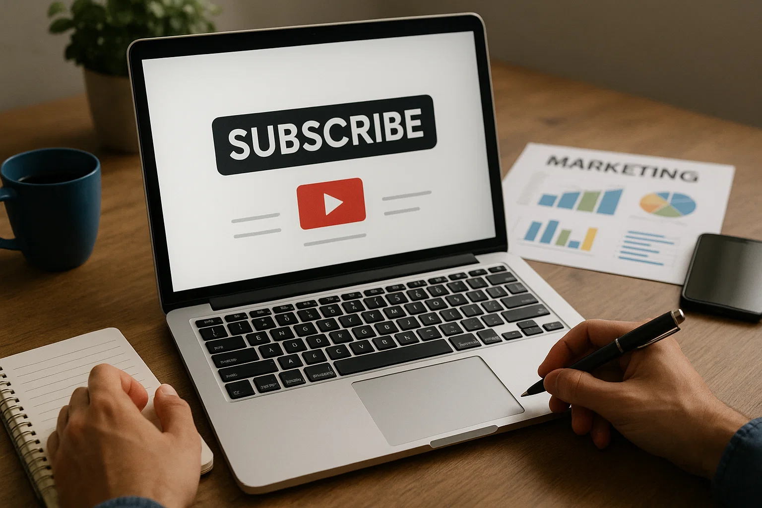 Laptop screen showing a large “SUBSCRIBE” button with a red play icon, surrounded by marketing charts, a notepad, and coffee mug — symbolizing the strategic planning behind promoting a subscription-based content platform.