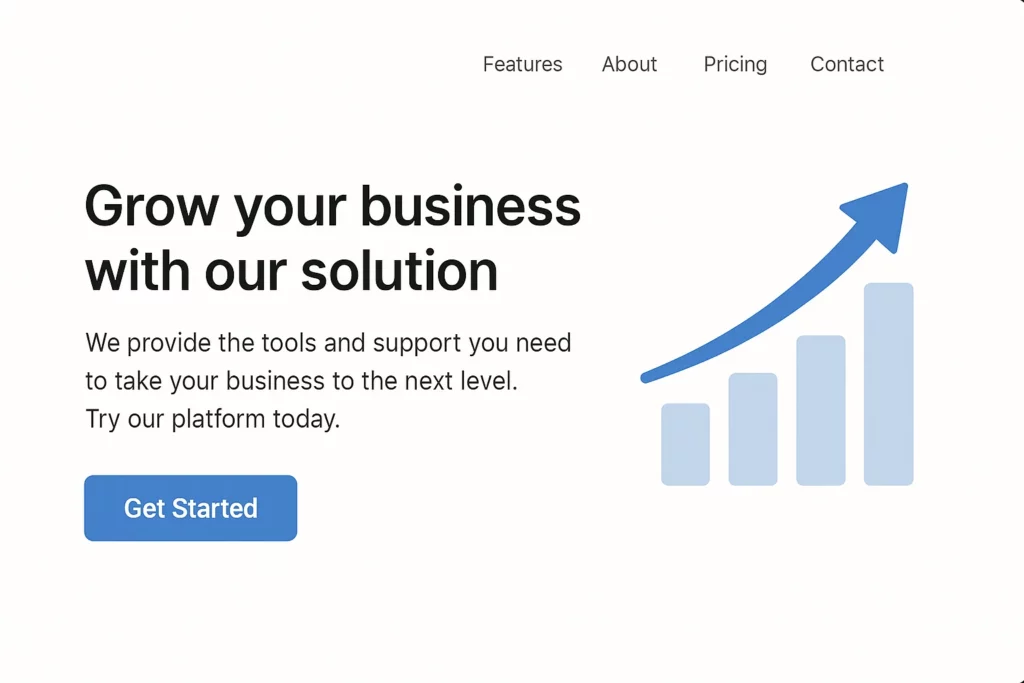 Landing page with a bold headline “Grow your business with our solution,” a blue “Get Started” button, and an upward-pointing bar chart — representing business growth through digital tools.