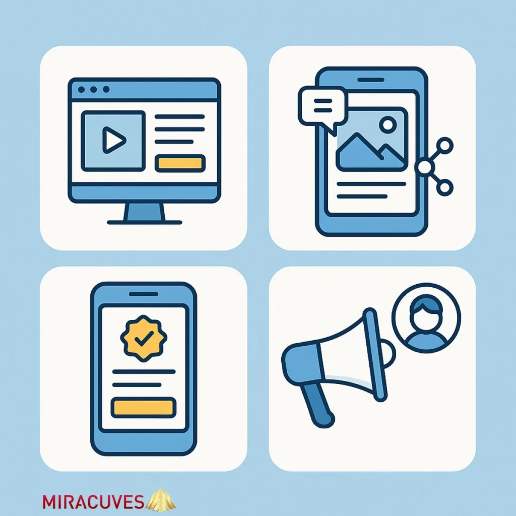 Four icons illustrating pre-launch app marketing strategies