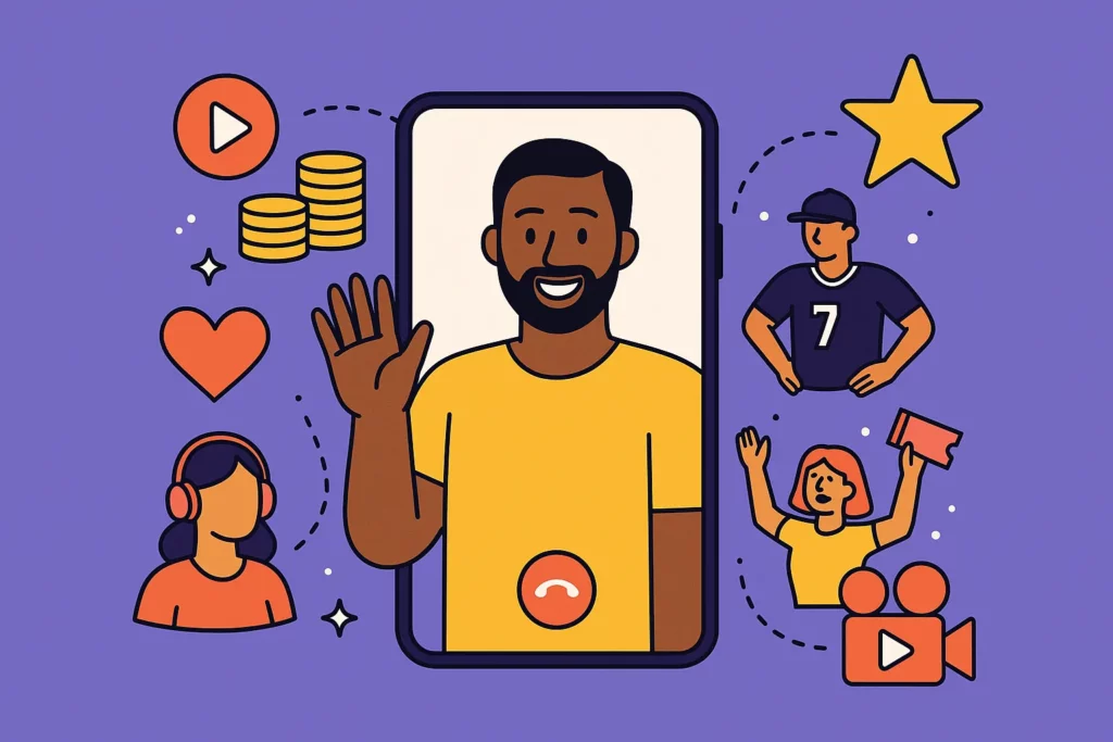 Illustration of a celebrity waving in a video call on a smartphone, surrounded by fan, star, coin, and video icons, representing monetized celebrity video platforms