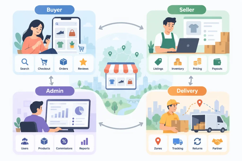 Core features of a regional ecommerce marketplace for buyers, sellers, delivery partners, and platform administrators.
