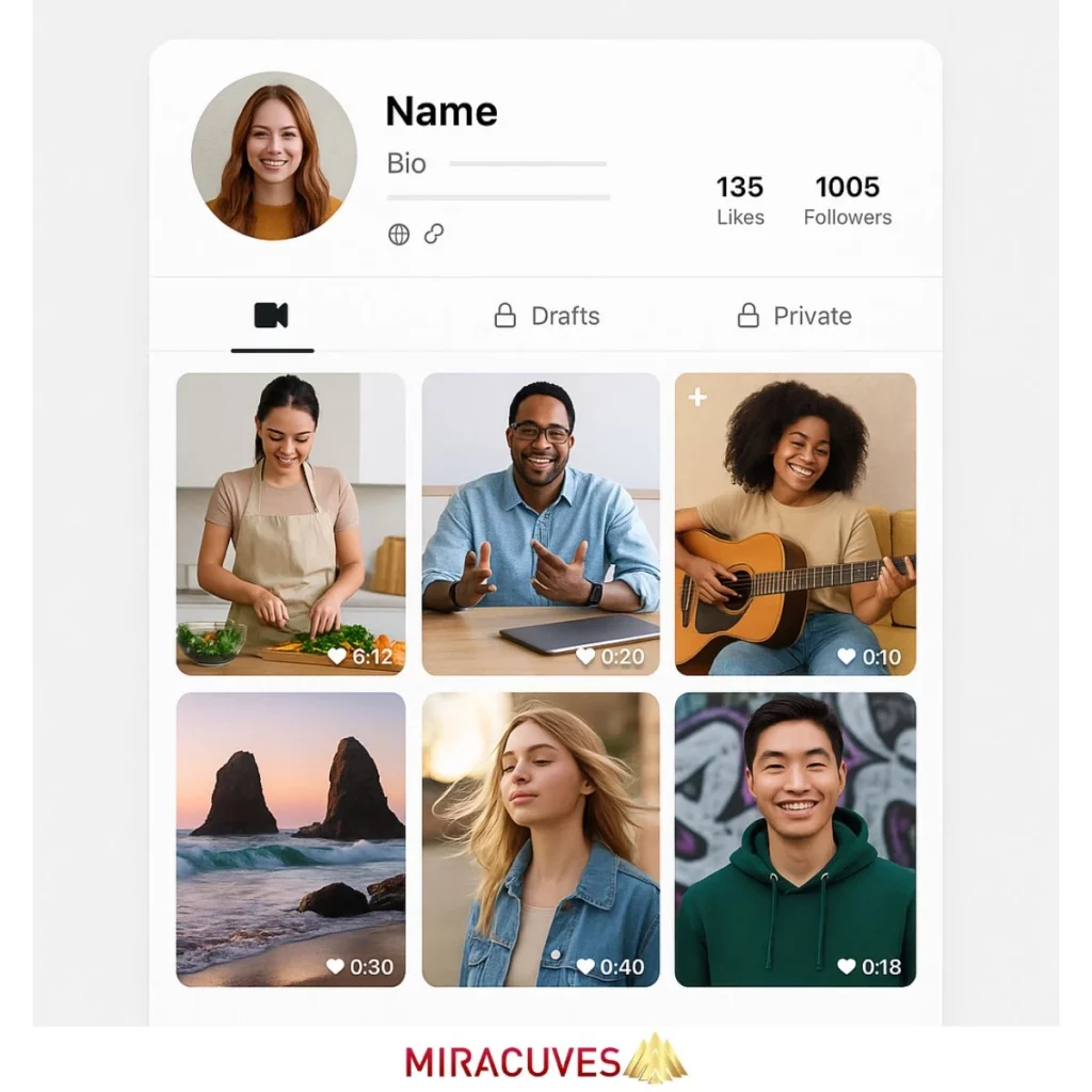 Creator profile interface showing user stats, video tabs, and thumbnails