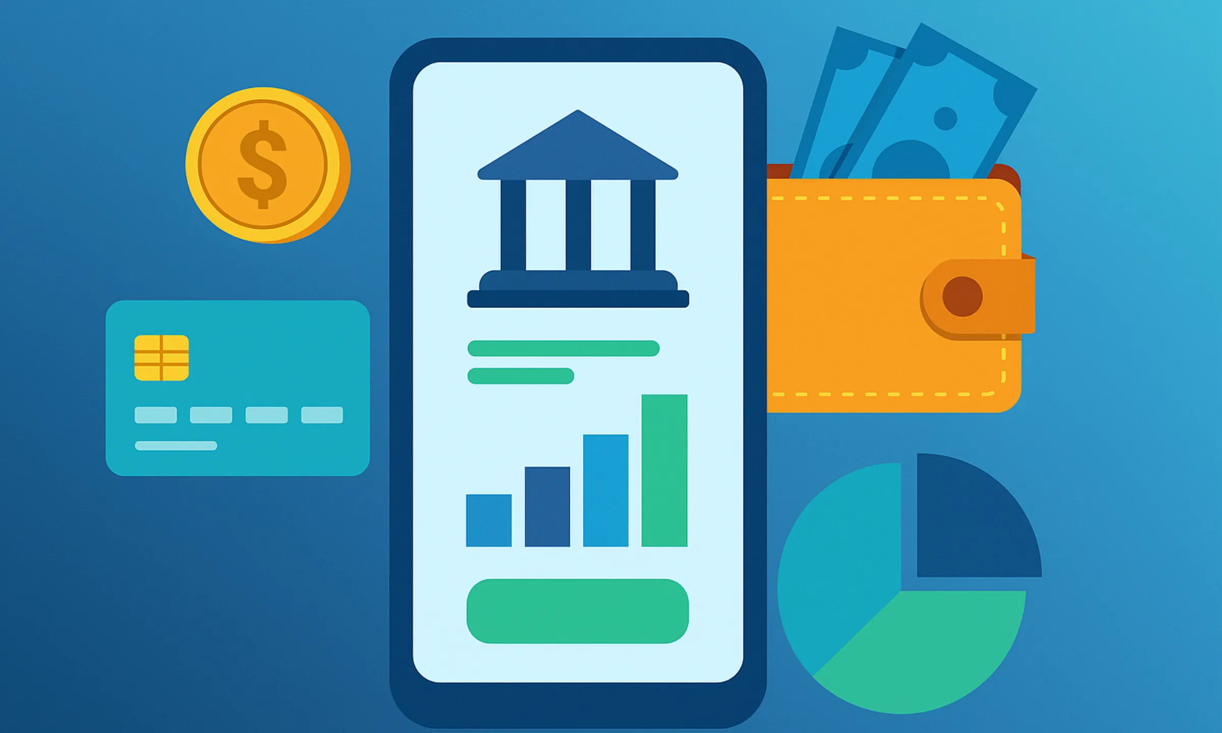 2D illustration of a smartphone with digital banking app icons like wallet, credit card, graph, and coin