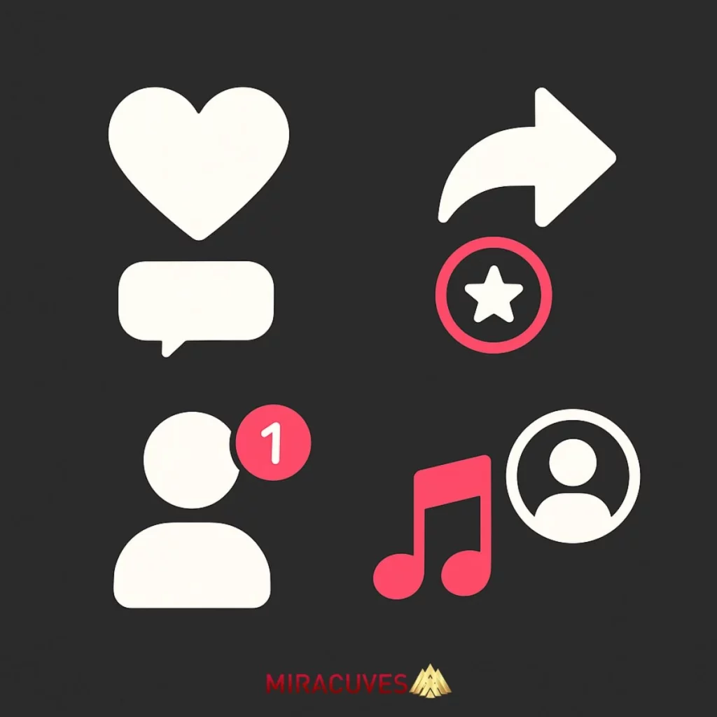 Icons representing like, comment, share, follow, duet, and notification features for a TikTok-style app