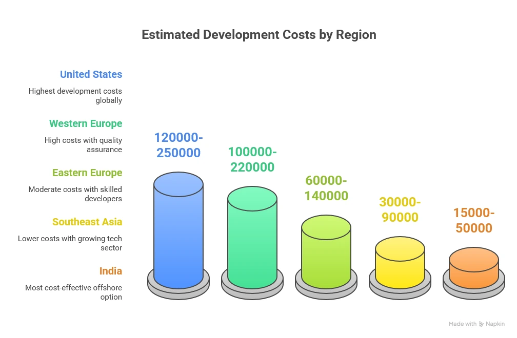 Bar chart showing development cost ranges for Expedia Clone app by region including US, Europe, Southeast Asia, and India