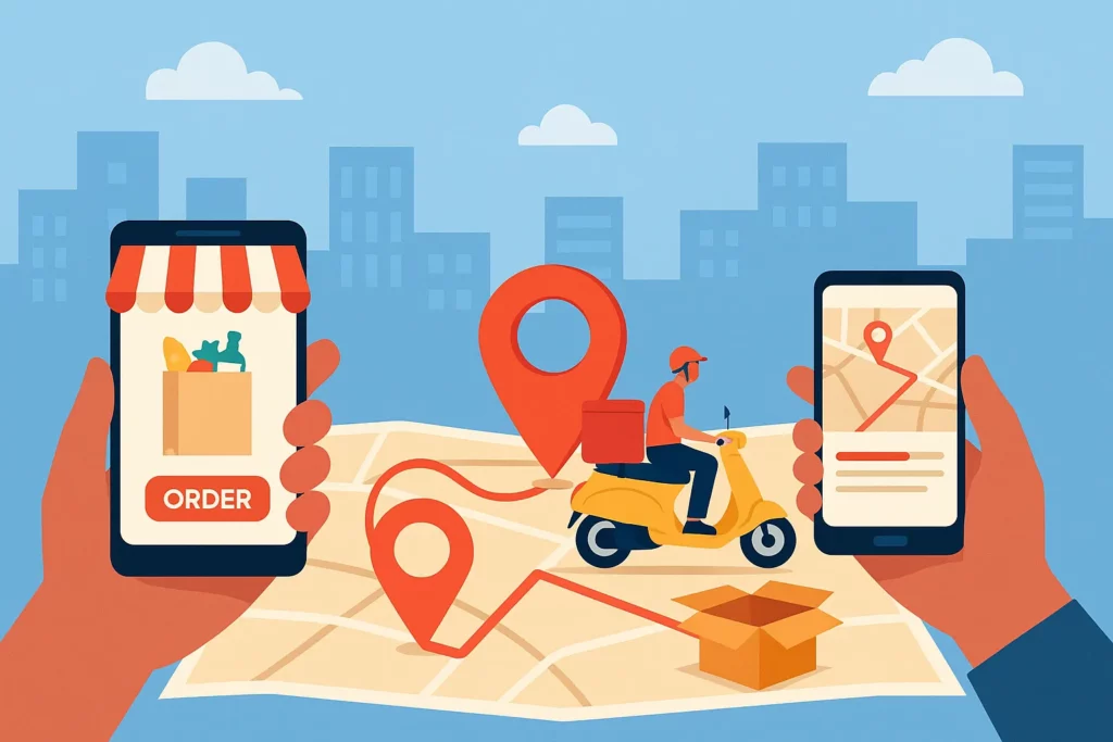 Feature image showing a delivery rider on a scooter, smartphones with ordering and tracking screens, and a city map with location pins symbolizing hyperlocal delivery service apps