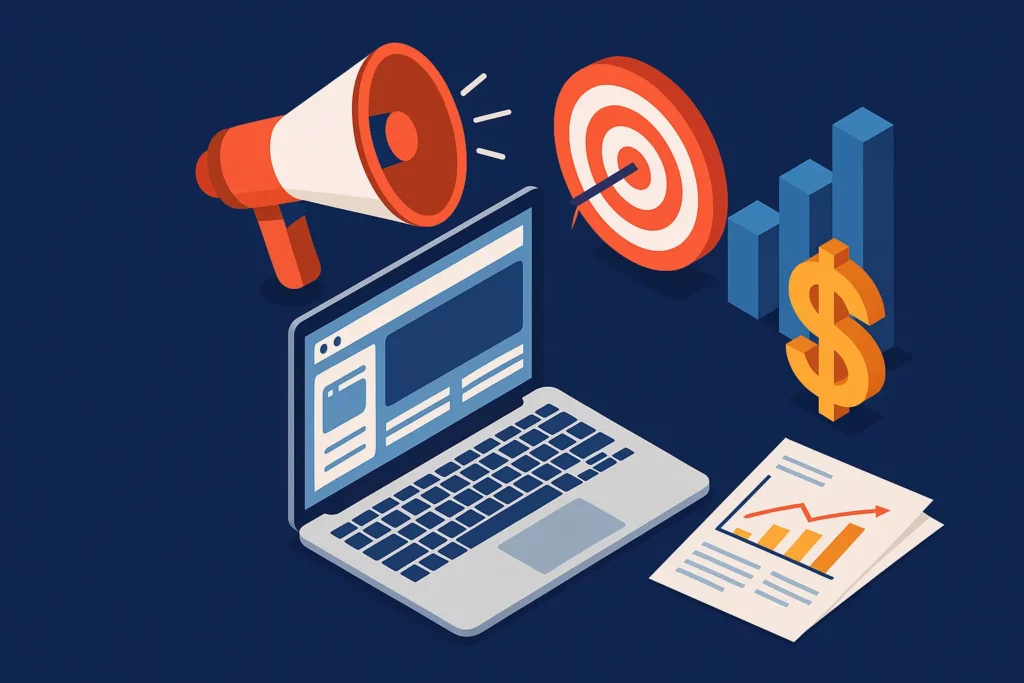 2D digital illustration showing marketing strategy concepts for website builder SaaS platform, featuring a laptop, megaphone, target, bar graphs, dollar sign, and analytics papers in isometric layout