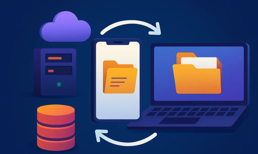 Illustration of digital file transfer between smartphone and laptop with cloud, database, and server icons